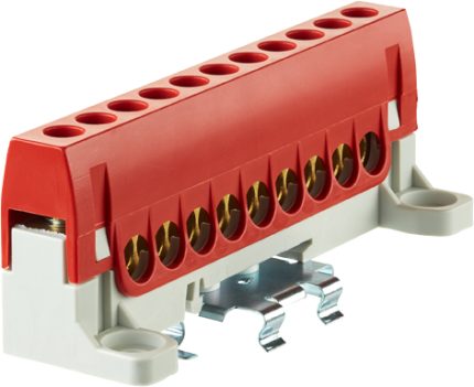 870GFS9MRD Neutral and earthing terminal touch safe red with steel fedder holder, for mounting on DIN rail or on base plate